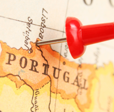Mapa mostrando Portugal com um pin marcando o país.